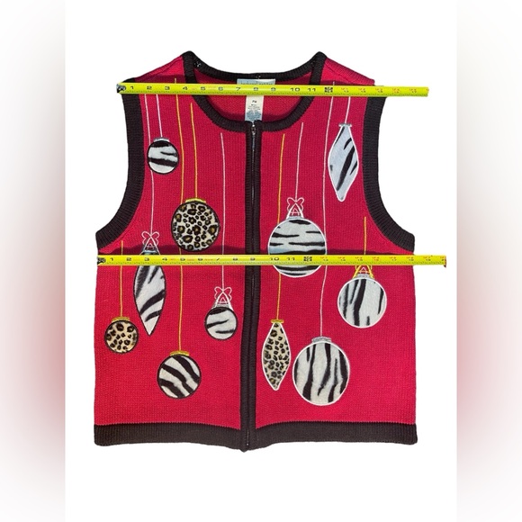 Vintage Festive Red Holiday Christmas Sweater Vest, Animal Print Ornaments, SP - Picture 8 of 9